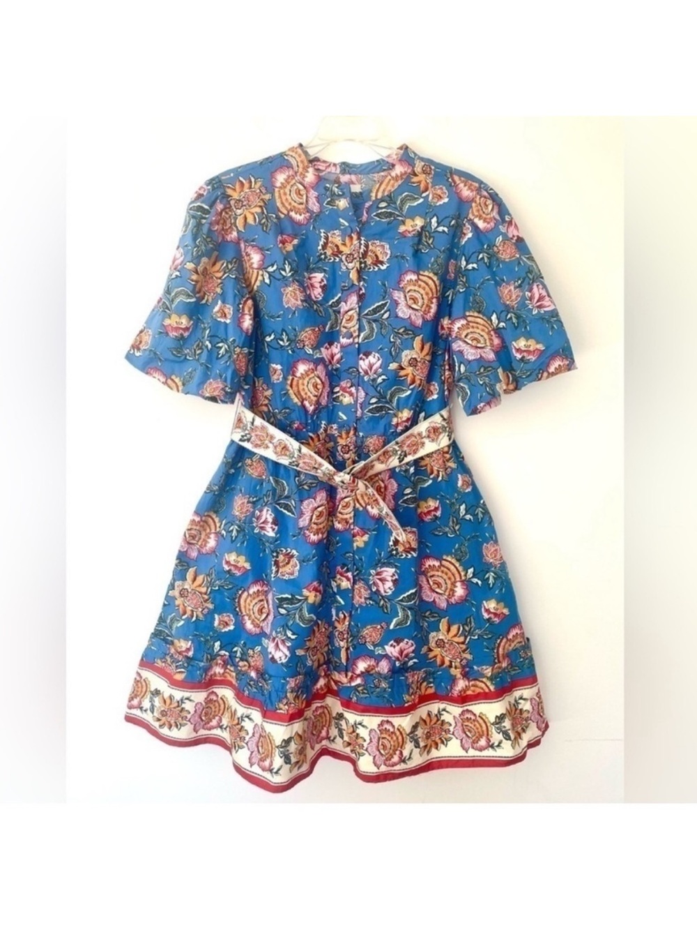 New JOIE Floral V-Neck Puff Sleeve Belted Cotton Dress - Picture 10 of 10